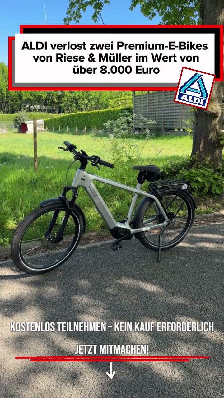 Креатив ALDI E-Bikes: велосипед на фоне зелёного сада, белая плашка в красной рамке