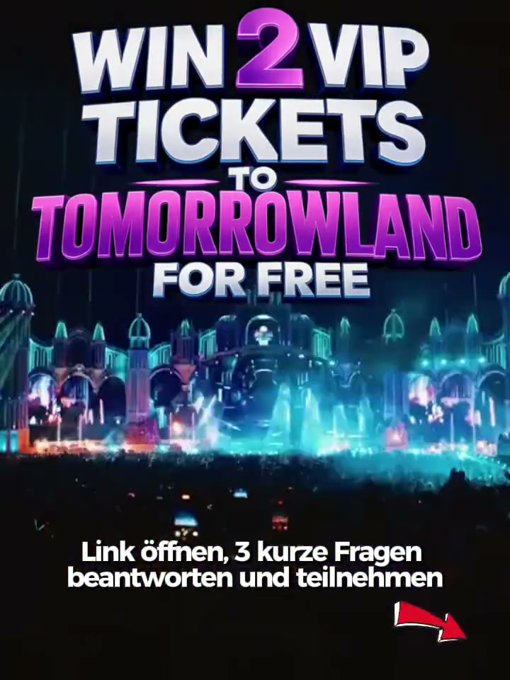 Креатив Tomorrowland: крупная белая и фиолетовая типографика на фоне освещённой сцены